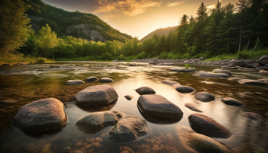 An image of a tranquil nature setting. Vibrant green trees are surrounding a beautiful lake with large rocks forming out of the water.